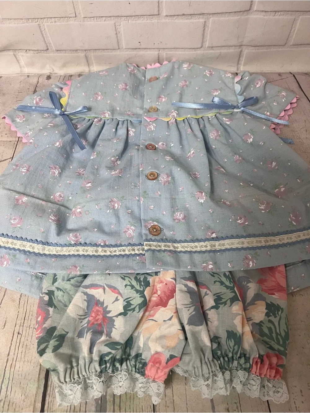 Vintage Hand Made Size 9-12 Months Baby Dress Embroidered Flower Bow Blue
